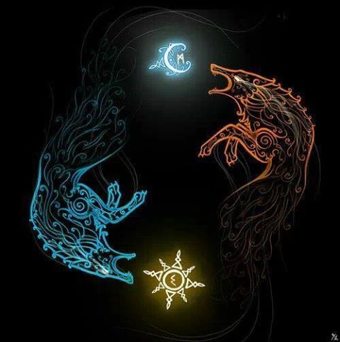 Sköll et Sól, Hati et Máni.  Les loups qui chassent le soleil et la lune.  Image tirée d'internet.