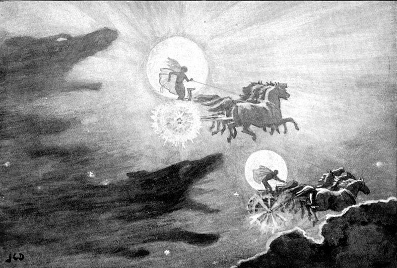Les loups poursuivant Sol et Mani.  Image de John Charles Dollman, 1909.