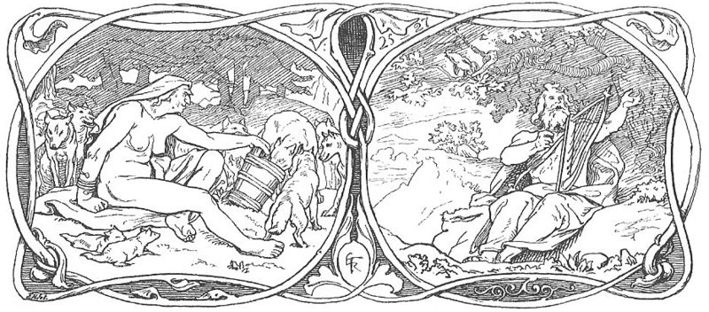Ilustración para la parte correspondiente a La profecía de la vidente de la traducción danesa de Karl Gjellerup de los Edda (Den ældre Eddas Gudesange, 1895): una giganta alimentando lobos, y Eggthér tocando el arpa mientras el gallo Fjalar anuncia el comienzo del Ragnarök.