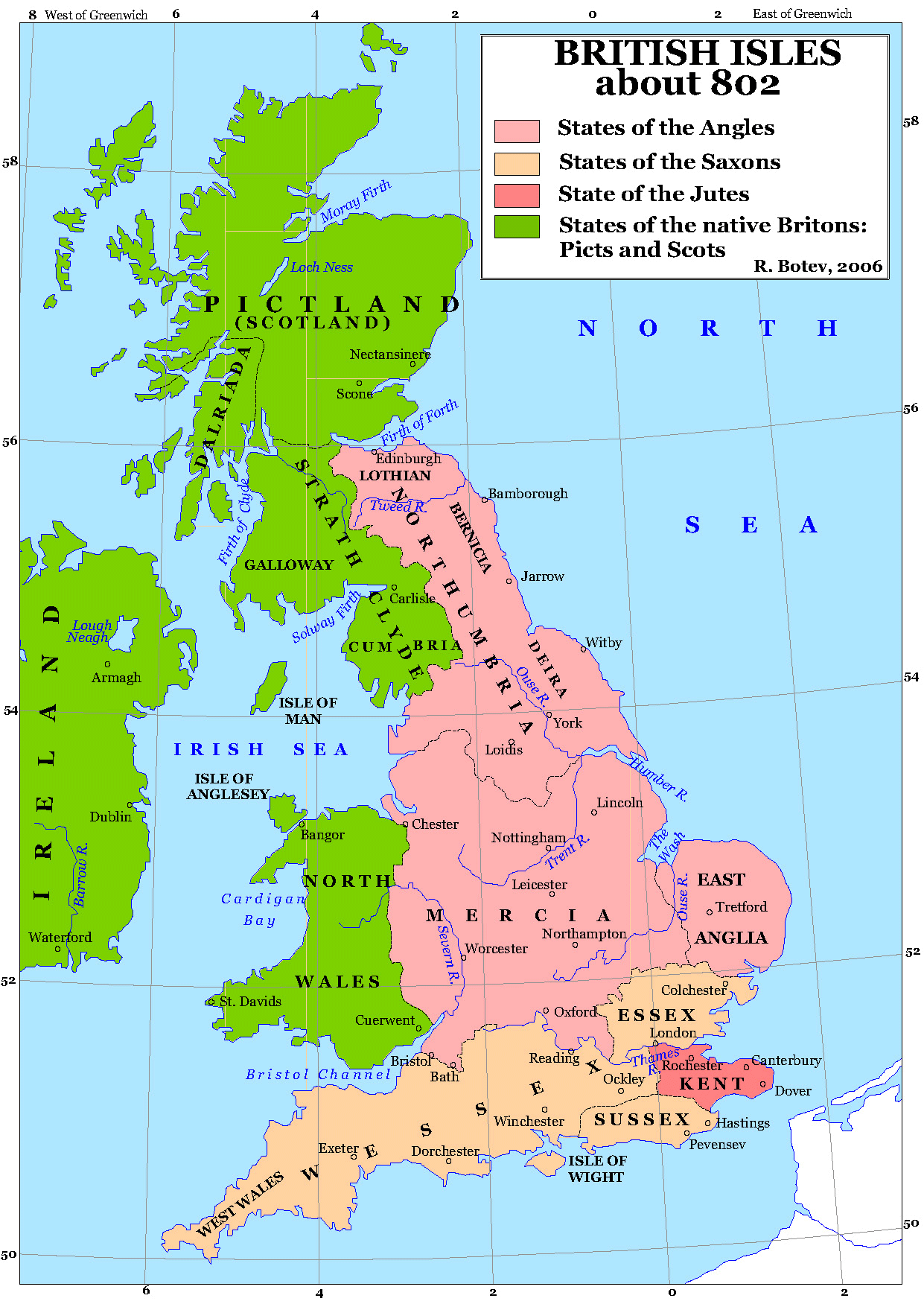 Îles britanniques, vers 802. Heptarchie anglo-saxonne.