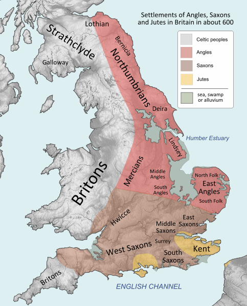 Carte générale de l'emplacement des peuples anglo-saxons vers l'an 600.