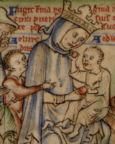 La reina Emma de Normandía con dos de sus hijos en una ilustración del siglo XIII.